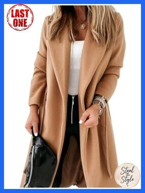 Women's Long Trench Coat Open Front Lapel Self Tie Belt Pea Coat